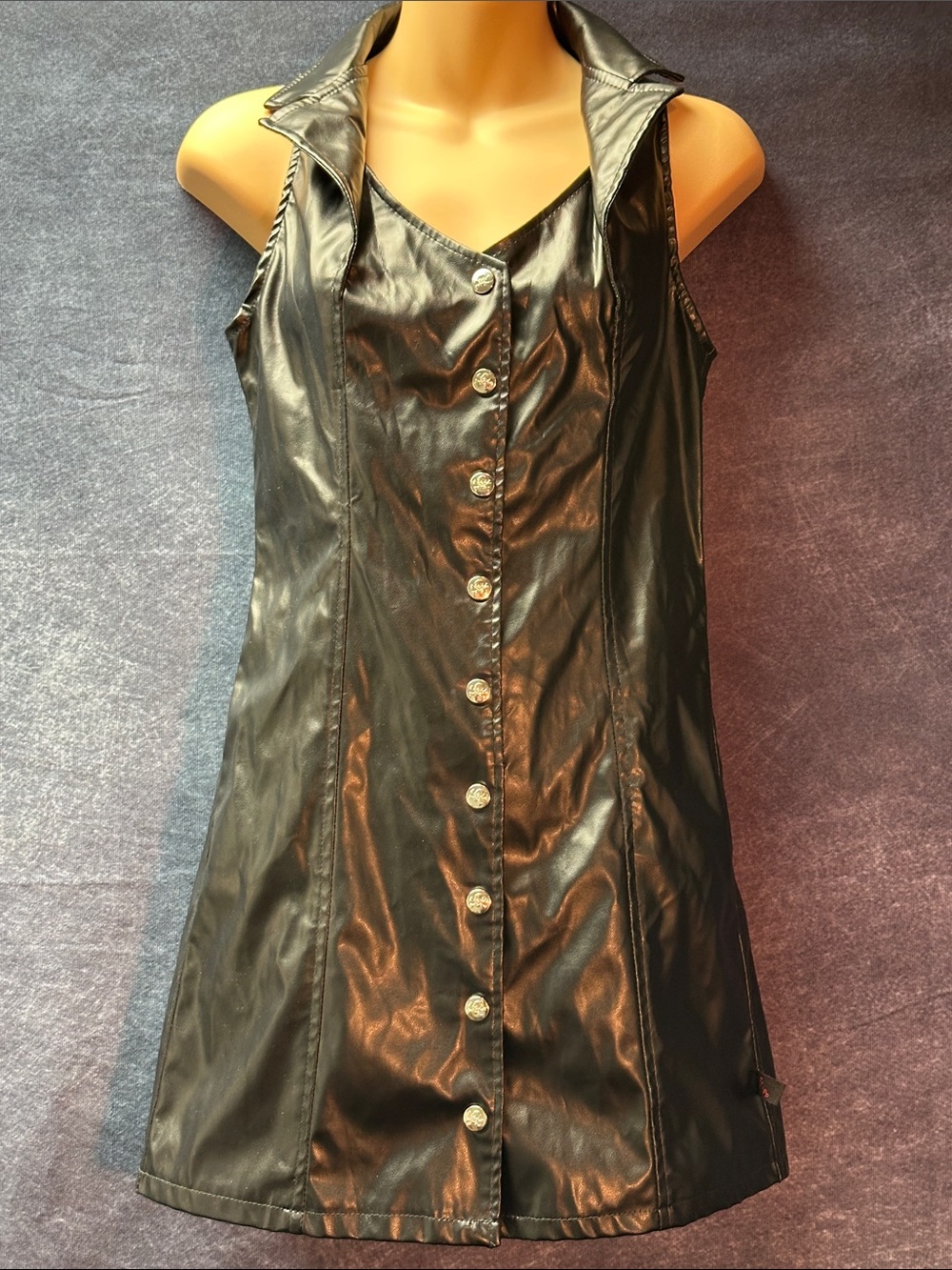 TRIPP NYC Sleeveless Faux Leather Goth Collared Snap Front Dress - Black, Small